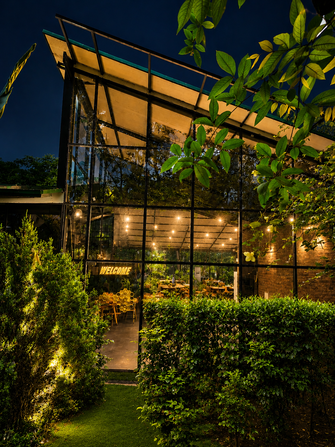 Outdoor dining setup at dusk